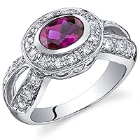 PEORA Created Ruby Ring in Sterling Silver, Vintage Halo Design, Oval Shape, 7x5mm, 1 Carat total, Comfort Fit, Sizes 5 to 9