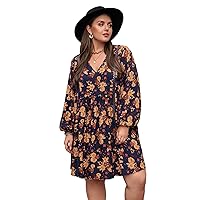 MakeMeChic Women's Plus Size Boho Floral Lantern Sleeve V Neck Tunic Short Dress