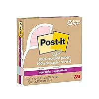 Post-it 100% Recycled Paper Super Sticky Notes, 2X The Sticking Power, 4x4 in, Lined, 3 Pads, 70 Sheets/Pad, Wanderlust Pastels Collection (675R-3SSNRP)