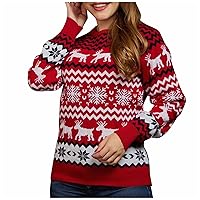 Womens Christmas Fleece Sweater Snowflake High Neck Long Sleeve Sweatshirt Fun and Cute Loose Pullover Sweater