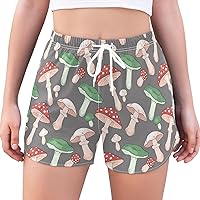 Women's Athletic Shorts Red and Green Mushrooms Green Workout Running Gym Quick Dry Liner Shorts with Pockets