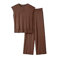 MEROKEETY Women’s 2 Piece Outfits Knit Matching Lounge Sets Cap Sleeve Sweater Top and Elastic Waisted Pleated Pants