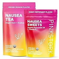 Pink Stork Sweet Morning Sickness Support Bundle: Morning Sickness Support, Ginger Tea + Peppermint Candy, Motion Sickness Support, Digestion Support, Vitamin B, Women-Owned