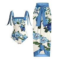 High Waist Thong Swimsuit Abstract Floral Print 1 Piece Swimwear+1 Piece Cover UP Two Piece Vintage Print