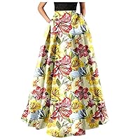 Spring Dresses for Women 2024,Women Bohemian Floral Print Maxi Skirt High Waist Pocket Party Beach Long Skirt