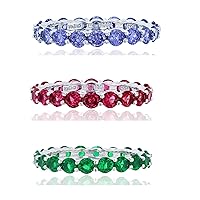 DECADENCE Sterling Silver Rhodium 3mm Round Emerald, Ruby & Tanzanite Cubic Zirconia Prong Set Eternity Ring Set