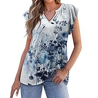 Casual Tops for Women Notches V Neck Cap Sleeve Cute Summer Blouse Fashion Floral Printed Boho Loose Shirts