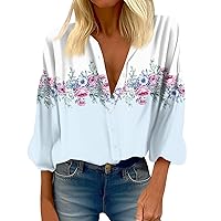 Womens 3/4 Sleeve Tops and Blouses,Women's Round Neck Shirt Blouse Vintage Print Button Casual Fashion 3/4 Sleeve Top