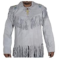 Men's Big Western Fringed Cowboy Leather Shirt White 3X-Large