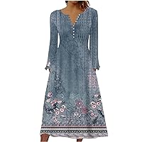 Long Sleeve Dress for Women 2023 Fashion Floral Printed Vintage Maxi Dress Casual V Neck Button Up Flowy Swing Dress