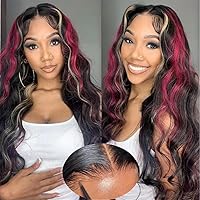 UNICE Bye Bye Knots 7x5 Pre Cut Lace Skunk Stripe Loose Wave Wig Pre Bleached Invisible Knots Black Red Blonde Highlights Lace Front Wigs Human Hair Glueless Wig Pre Plucked 150% Density 16inch
