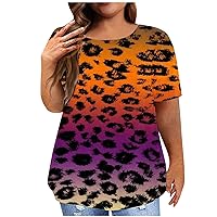 Womens Summer Shirts Casual Crew Neck Tee T-Shirt Short Sleeve Tops for Women Leopard Patchwork Print Loose Blouse L-5XL