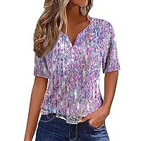 Womens Summer Tops Casual Sequin Printed V-Neck Short Sleeve Decorative Button T-Shirt Top