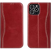 Wallet Case for iPhone 13 Mini, Genuine Leather Flip Folio Magnetic Case with Card Holder Kickstand Shock-Absorbent Purse Protective Phone Cover for iPhone 13 Mini (Color : Red)