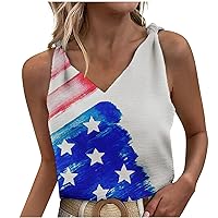 Women Knotted Cami Tops Star Stripes Sleeveless V Neck Tank Shirts Summer Casual Loose Comfy Shirts for 4th of July