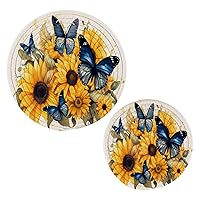 ALAZA Blue Butterflies Sunflowers Trivets for Hot Dishes 2 Pcs,Hot Pad for Kitchen,Trivets for Hot Pots and Pans,Large Coasters Cotton Mat Cooking Potholder Set