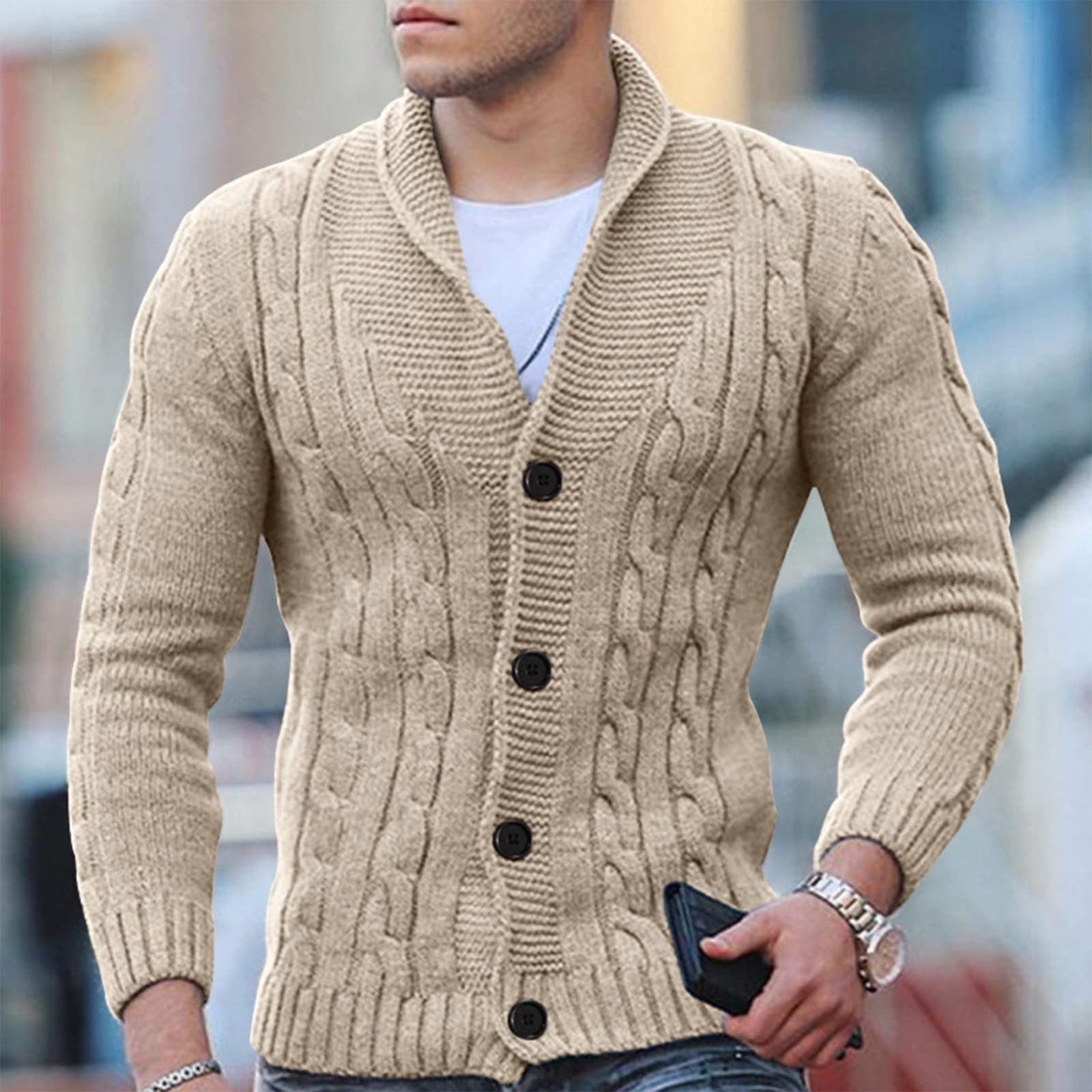 Cardigan Sweater Men 2024 Stylish Slimfit Shawl Collar Cardigans Casual Cable Knitted Button Down Sweater With Pocket