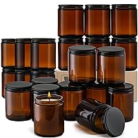24 Pack 8oz Amber Glass Jars with Black Lids - For Candle Making, Food Storage, Canning, Spices, Liquids - Leakproof & Dishwasher Safe