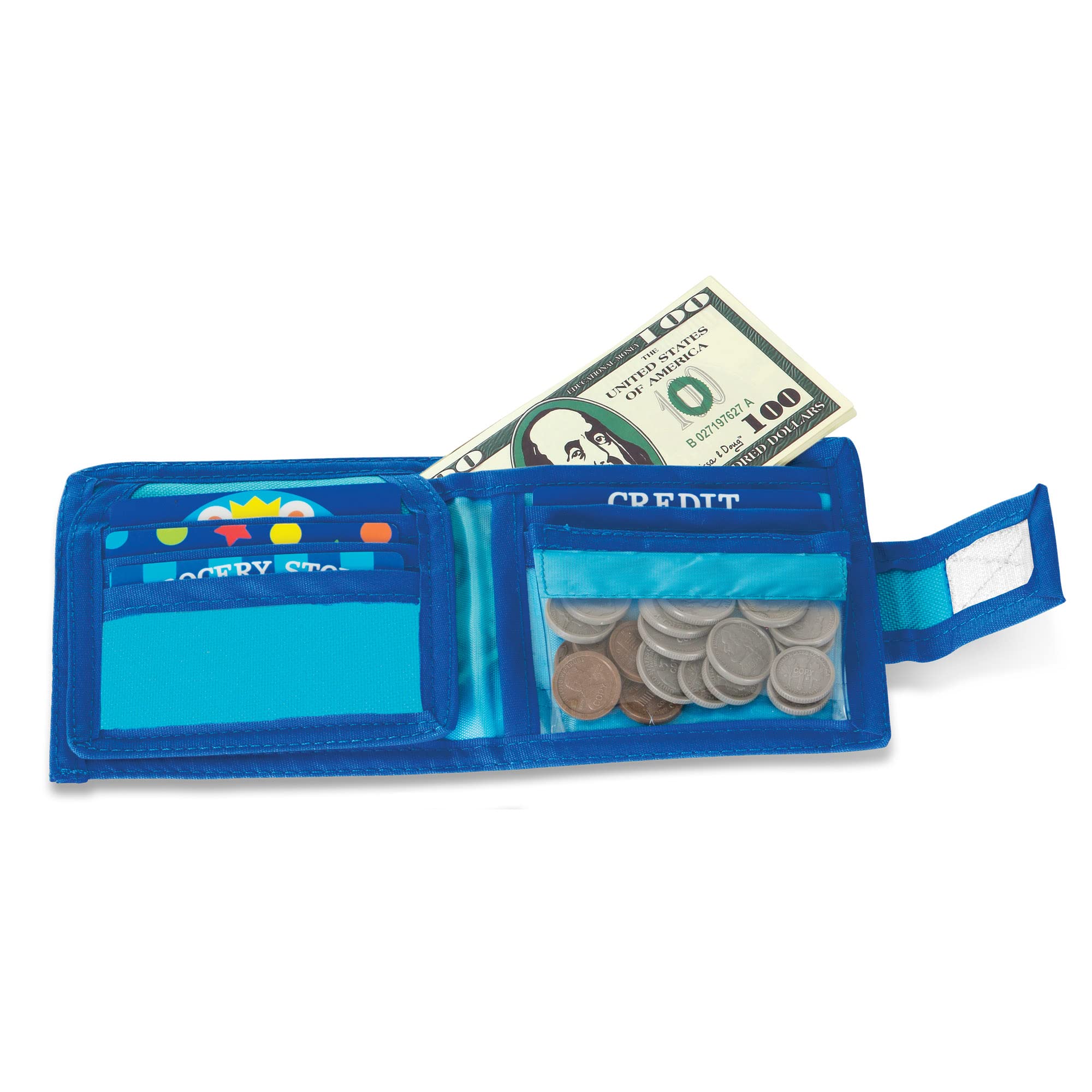 Melissa & Doug Pretend-to-Spend Toy Wallet With Play Money and Cards (45 pcs) , Blue - Shopping Toys, Play Wallet, Pretend Credit Cards For Kids Ages 3+