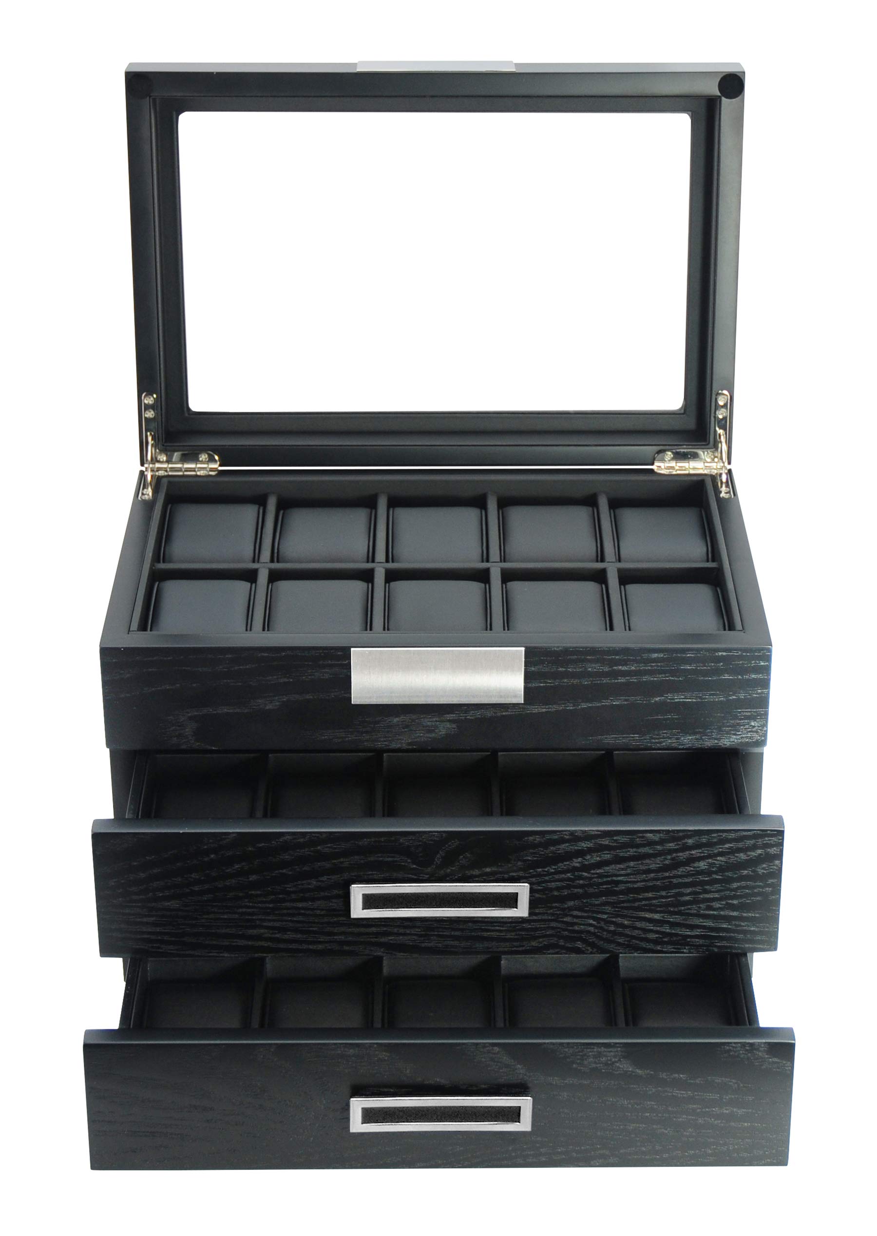 TIMELYBUYS 30 Black Ebony Wood Watch Extra Height Clearance Box Display Case 3 Level Storage Jewelry Organizer with Glass Top, Stainless Steel Accents, and 2 Drawers