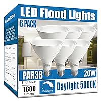 Par38 LED Flood Light Bulbs Outdoor 6 Pack, Dimmable 5000K Daylight, 20W Replace up to 200W, 1800LM, E26 Base Outdoor Flood Light Bulbs for Backyard, Garage, Porch, Gardens