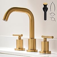 FROPO Brushed Gold Bathroom Faucet for Sink 3 Hole, 8 inch Widespread Bathroom Faucet | Brass Gold Vanity Faucet with 360° Swivel Spout 2 Handle Gold Bathroom Faucet with Drain & Supply Hoses
