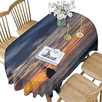 Nautical Polyester Oval Tablecloth,Ocean Sunset Dramatic Sky Pattern Printed Washable Indoor Outdoor Table Cloth,60x104 Inch Oval,for Parties Weddings Spring Summer