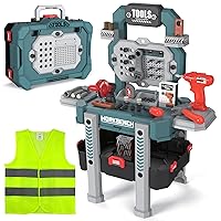 Toddler Tool Set -Pretend Play Kids Tool Bench Workshop - 83p DIY Kit with a Realistic Electric Drill Construction Toys for Boys Girls and Toddlers - Workbench for Ages 3, 4, 5 Stickers Vest (Green)