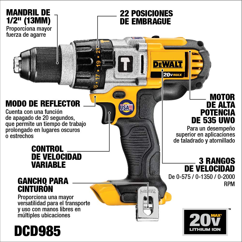 DEWALT 20V MAX* Hammer Drill, 1/2-Inch, Tool Only (DCD985B)