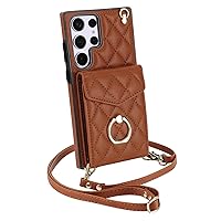 LZTONGK-Solid Colour Luxury PU Case for Samsung Galaxy S24 Ultra/S24 Plus/S24 Small Fragrance Style Design with RFID Blocking, Detachable Strap and 360° Rotating Ring Stand (S24,Brown-1)