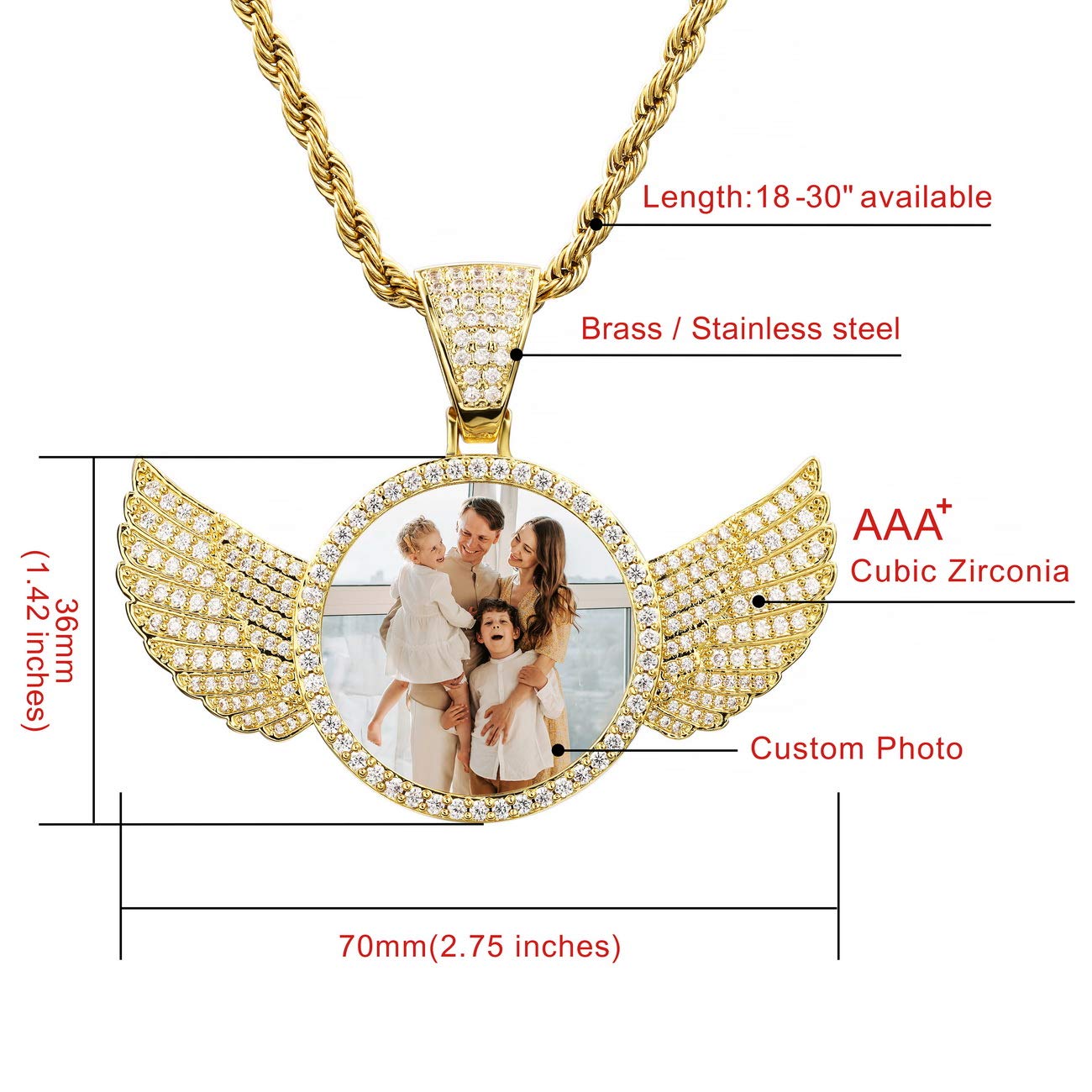MeMeDIY Personalized Hip Hop Memory Picture Pendant for Men Women Engraving Image/Text/Name/Date Custom Photo Copper Angel Wing & Heart-Shaped & Round Medal with Rope Chain Jewelry Gift