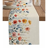 Wildflower Floral Table Runner 108 Inches Long for Dining Table, Cotton Linen Coffee Table Runners Washable Dresser Scarf for Kitchen Party Farmhouse Watercolor Botanical Seasonal Vintage
