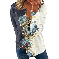Workout Tops for Women Quarter Zipper V Neck T Shirts Printing Long Sleeve Outfit Casual Loose Pullover Tops