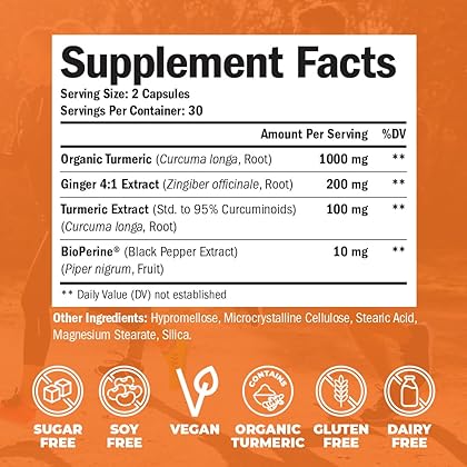 Tumeric and Ginger with Black Pepper - Natural Turmeric Curcumin Joint Support Supplement with Bioperine & 95% Curcuminoids. High Absorption Curcumin Supplements. Digestive & Immune Support. 60 Caps