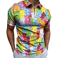 Gummy Bears Candies Men's Polo-Shirts Short Sleeve Golf Shirt Slim Fit Casual Zip T-Shirts Tops
