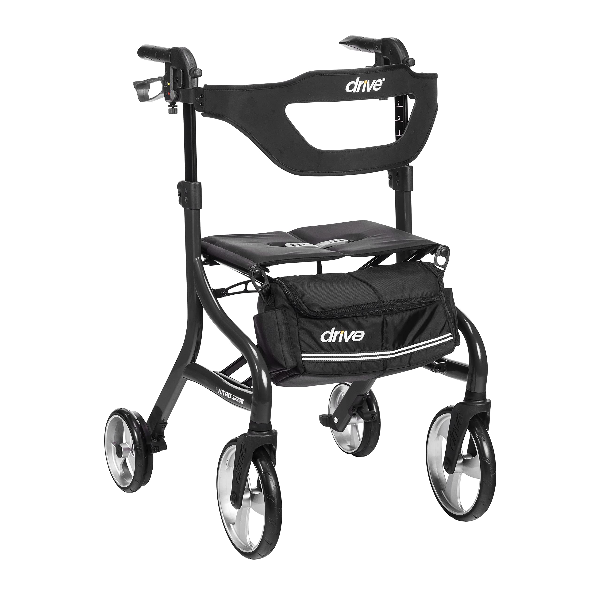 Drive Medical Nitro Sprint Foldable Rollator Walker with Seat, Tall Height Lightweight Rollator with Large Wheels, Folding Rollator, Four Wheel Rolling Walker, Black