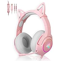 Aimzone Cat Ear Gaming Headset with Noise Cancelling Over Ear Headphones with Microphone, Soft Memory Padded Earmuffs, RGB, 7.1 Surround Bass and Sound, Wired Headset with Mic, Phone, Laptop, PC(Pink)