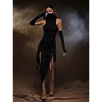 Women's Dresses High Neck Drawstring Split Thigh Dress - Sexy Ruched Tank with Long Sleeve Dress for Women (Color : Black, Size : XX-Small)