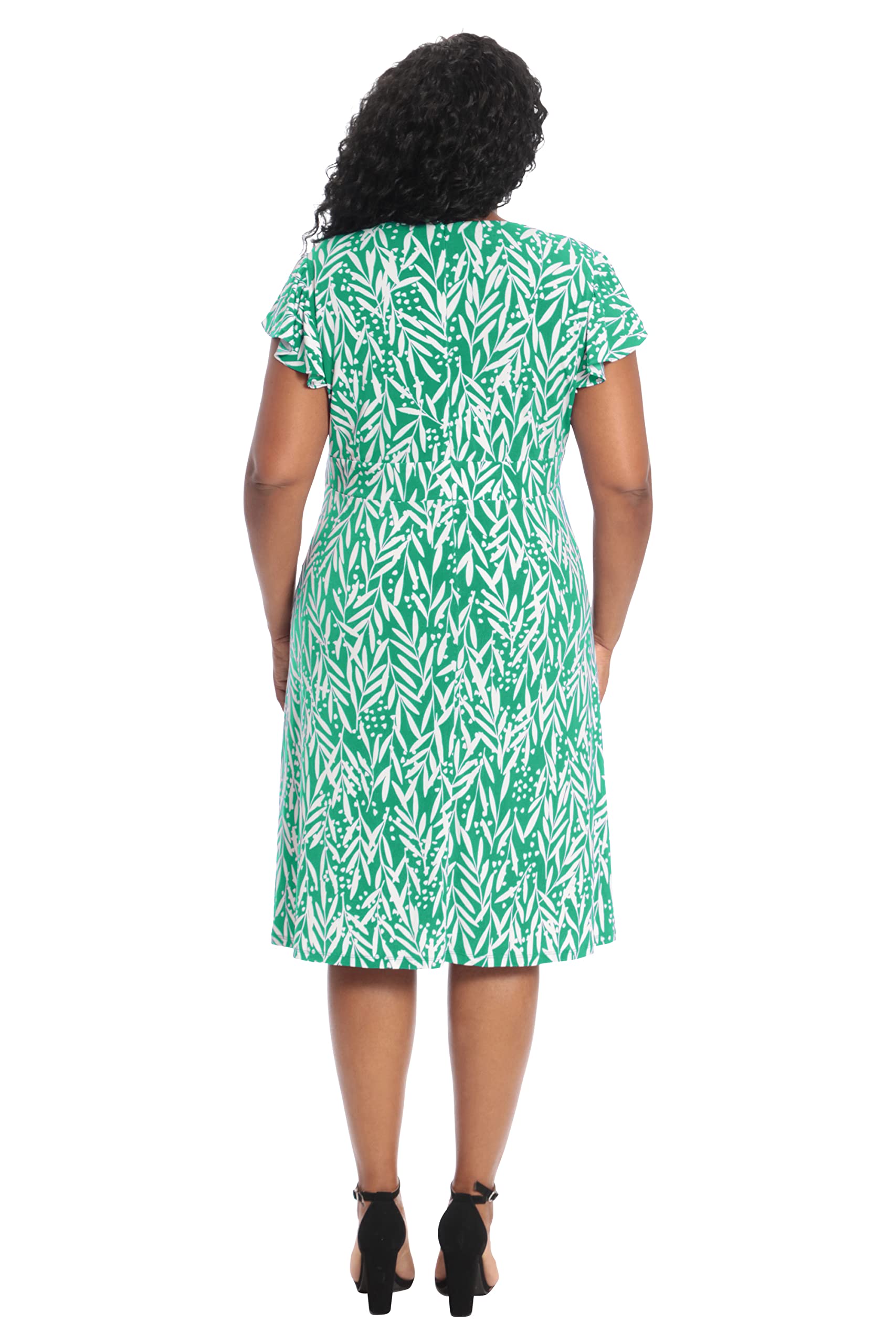 London Times Women's Leaf Print V-Neck Ruffle Sleeve Dress
