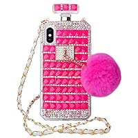 Losin Perfume Case Compatible with iPhone X/iPhone Xs Luxury Bling Diamond Rhinestone Bow Perfume Bottle Furry Plush Ball Bling Glitter Gemstone Soft TPU Back Case with Lanyard