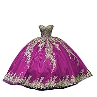 Sweetheart Gold Flower Embroidery Patterned Tulle Ball Gown Quinceanera Dresses Sweet 16 Prom Puffy Dress