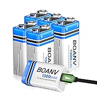 6PCS 1300mAh 9V Rechargeable Batteries, 9V Rechargeable USB Lithium Long Lasting Battery, with 2 in 1 Charging Cable, for Smoke Detectors, Alarms, Keypad, Microphone