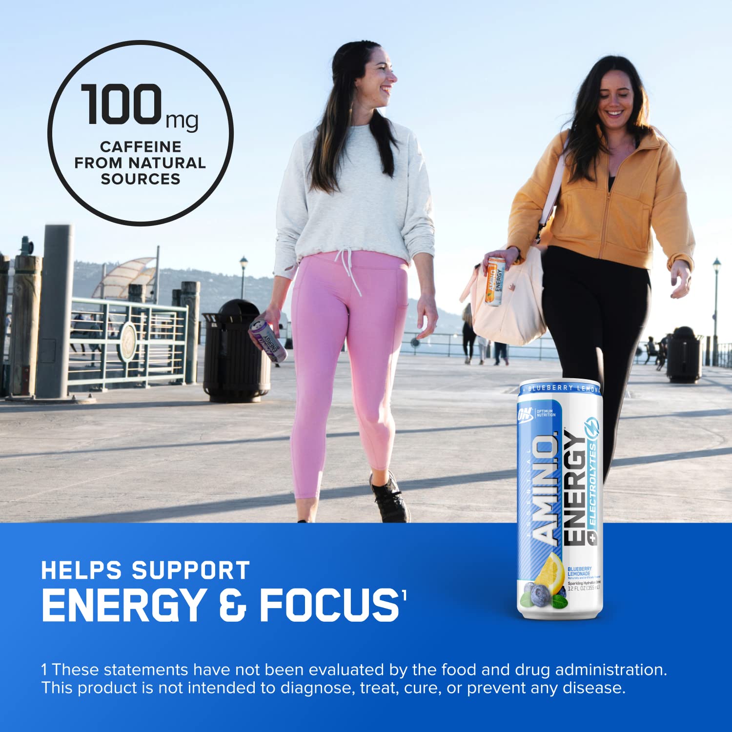 Optimum Nutrition Amino Energy Drink + Electrolytes for Hydration - Sugar Free, Amino Acids, BCAA, Keto Friendly, Sparkling Drink - Blueberry Lemonade, Pack of 12 (Packaging May Vary)
