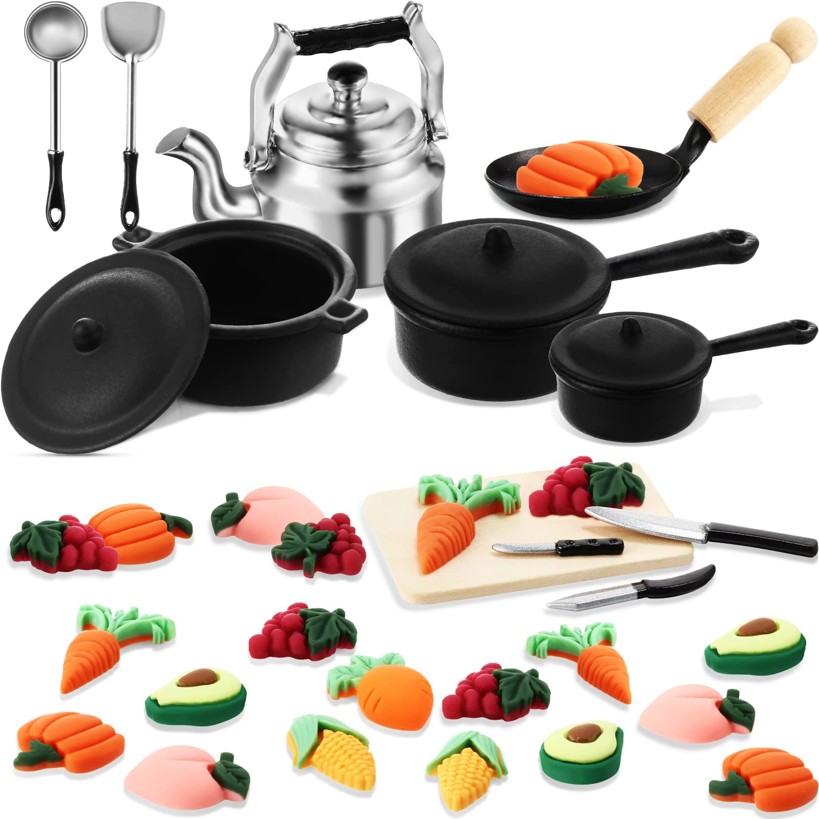 34 Pieces Dollhouse Miniature Metal Pots and Pans 1/12 Scale Mini Dollhouse Kitchen Cookware Vegetable and Fruit Sets for Adults Children Pretend Play Kitchen Cooking Game Birthday Party Present