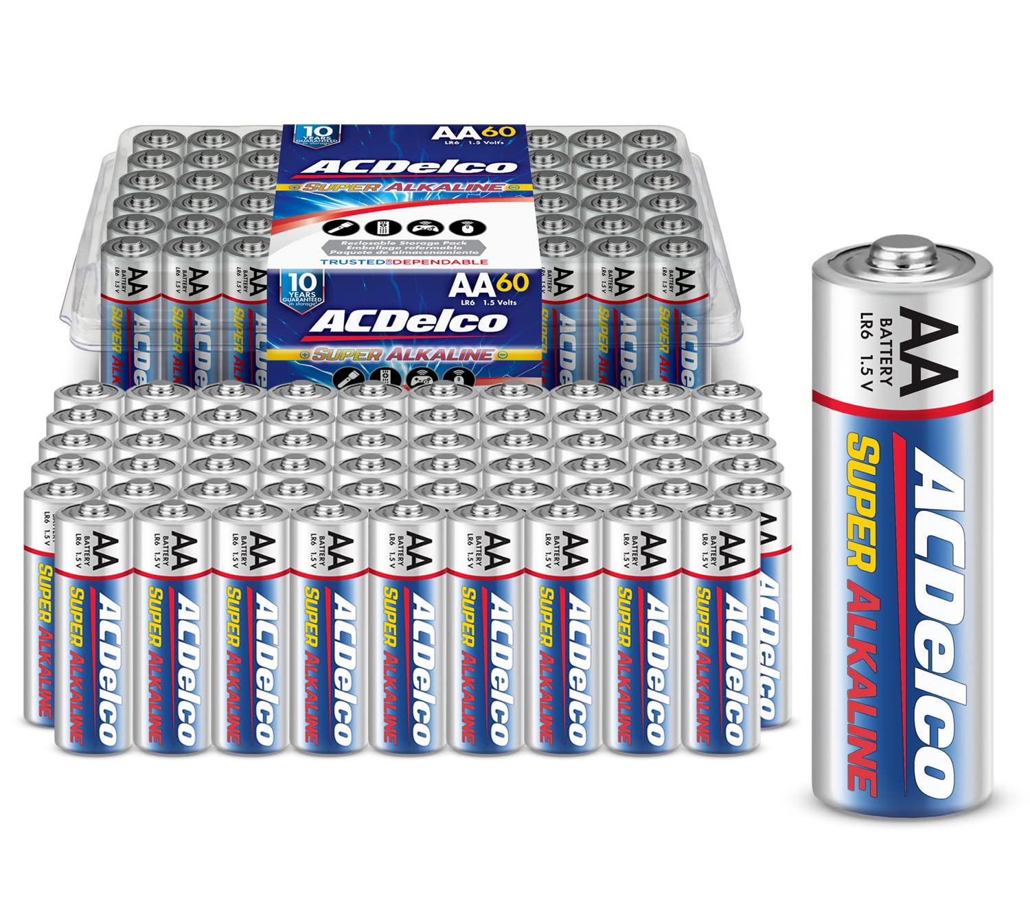 ACDelco 60-Count AA Batteries, Maximum Power Super Alkaline Battery, 10-Year Shelf Life, Recloseable Packaging (Pack of 1)