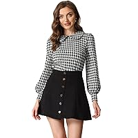 Allegra K Women's Blouse, Houndstooth Plaid, Round Collar, Long Sleeve, Button Back, Puff Sleeve