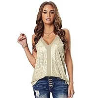 Womens Sequin Tank Sexy Top Sparkle Strappy Sleeveless Shimmer Fashion Camisole