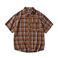 Men's Plaid Shirt Classic-Fit Button T-Shirts Casual Short Sleeve Beach Shirts Summer Sports Tops with Pockets