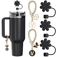 Compatible with Stanley Cup Accessories, 3PCS Black Straw Toppers for Stanley Cup Straw Cover Cap, 2PCS Cute Letter Charms for Stanley 30&40 Oz Tumbler with Handle(V)