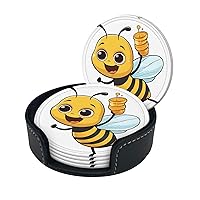 (Honey bee) Print Leather Coasters Set of 6 for Drinks with Holder Absorbent Round Cup Mat Pad for Living Room Dining Table Kitchen Home Decor Housewarming Gift